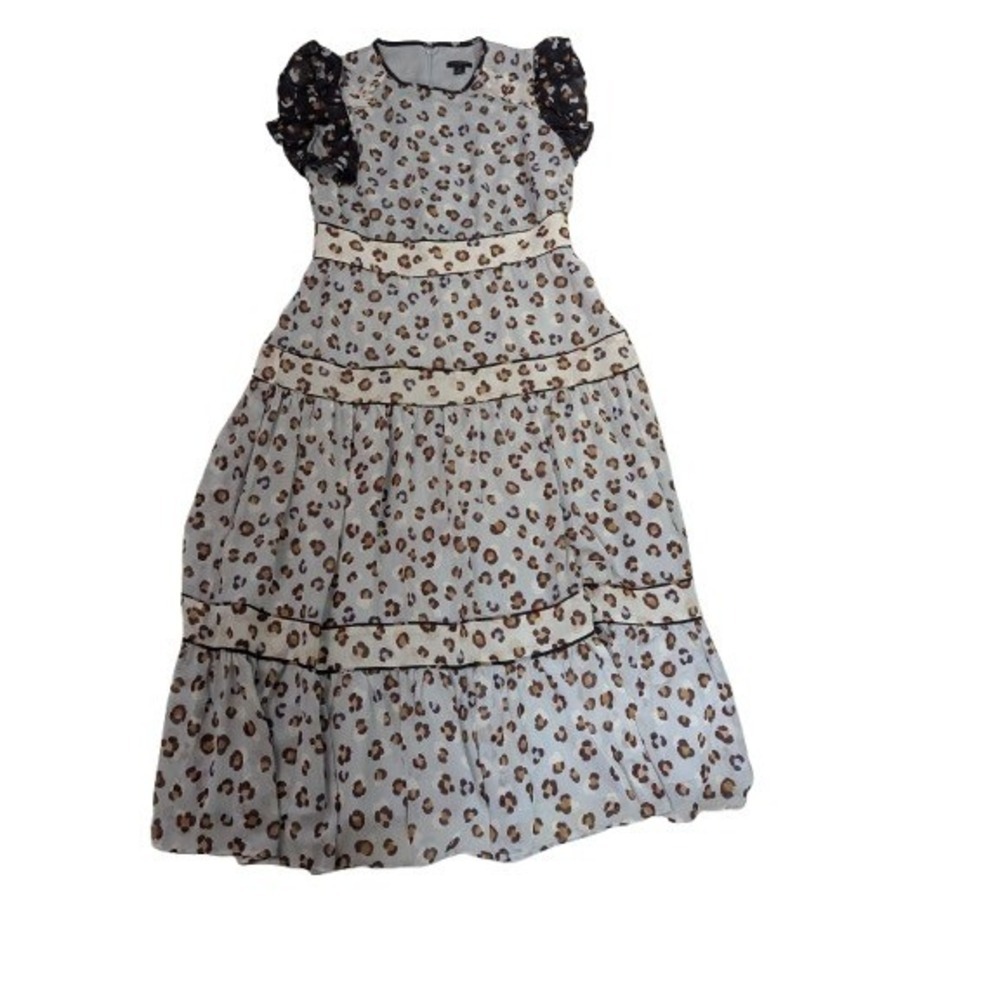 Ann Taylor 6P Blue Leopard Print Tiered Prairie Midi Dress Flutter Sleeve Lined - Picture 2 of 13